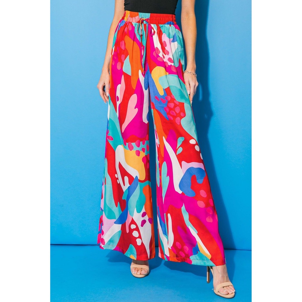 Flying Tomato Cancun Getaway Satin Pants Multicolor Red Teal Abstract Wide Leg S